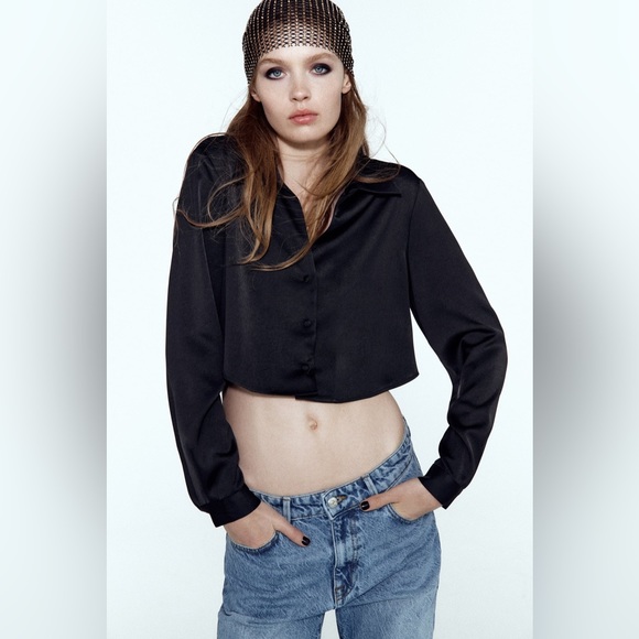 NWT Zara Satin Effect Cropped Button Up Blouse - Picture 2 of 6